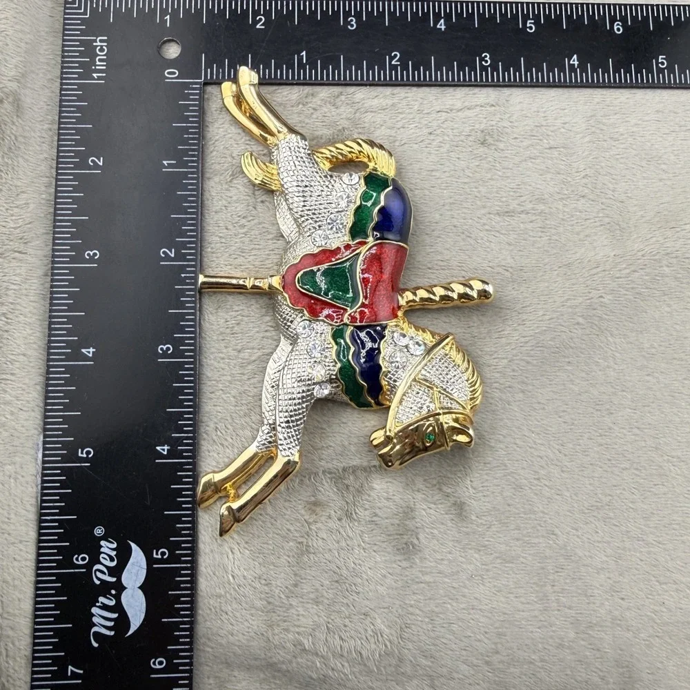 Vintage Estate Brooch Carousel Horse Gold Enamel Rhinestone Large 4in